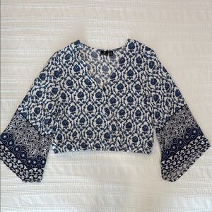 Versona Blue and White Bell Sleeve Blouse